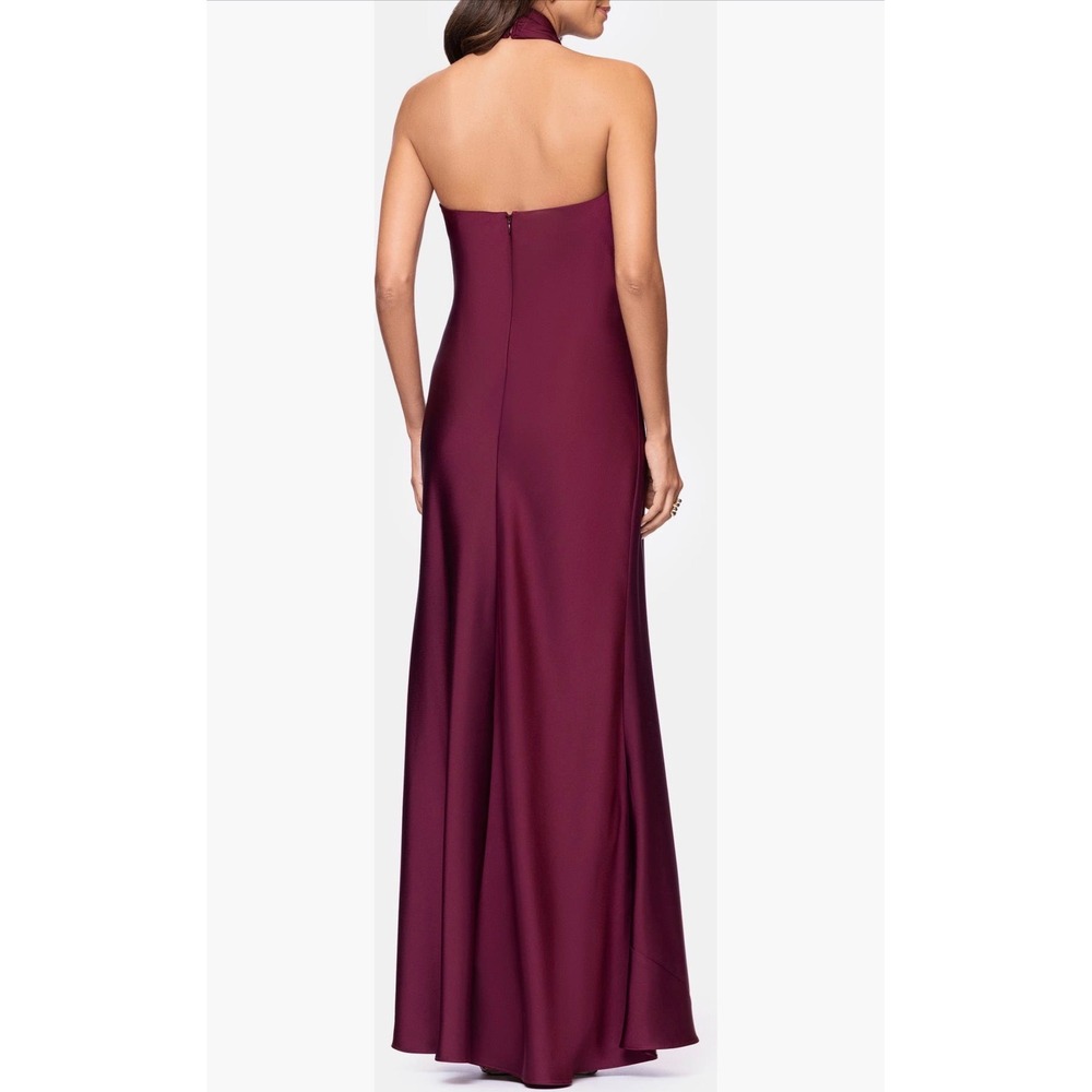 New! Betsy & Adam Esmerelda Satin Halter Neck Gown Wine Size 8 - Picture 2 of 8